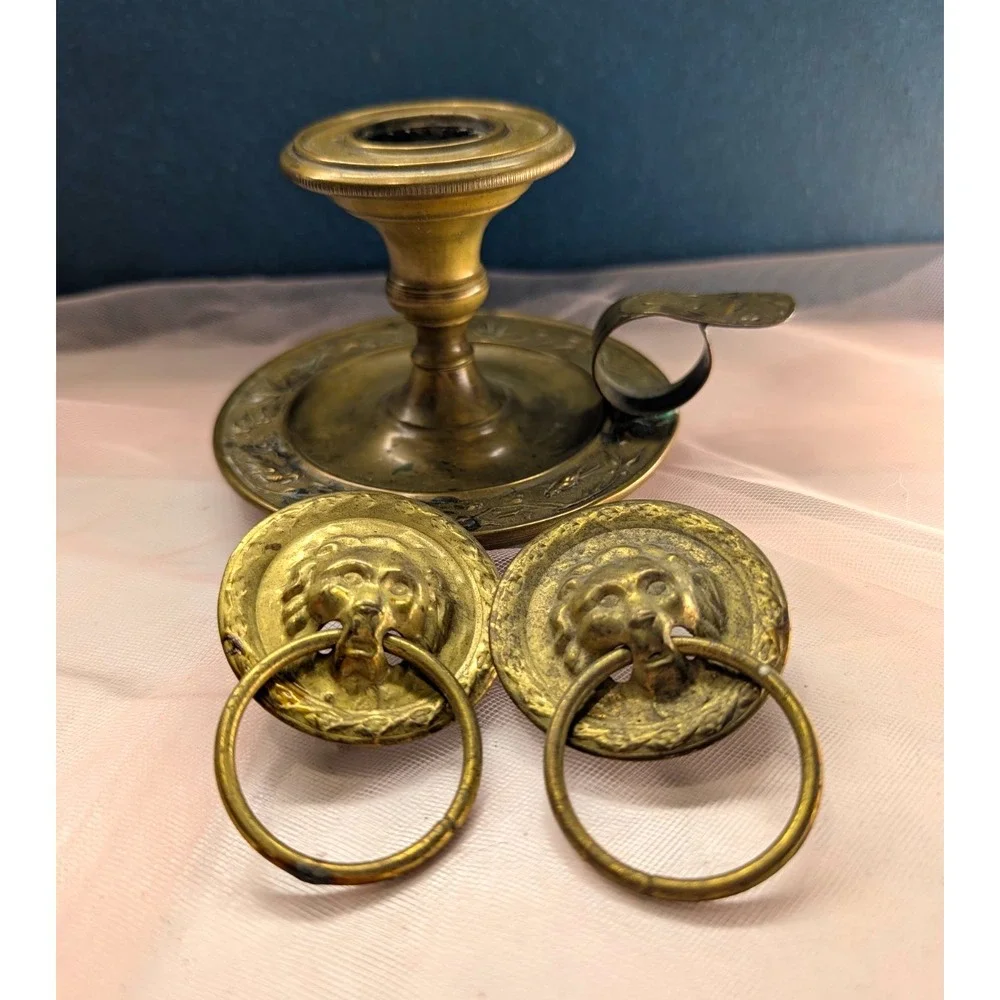 Brass Chamberstick Candle Holder & Pair of Lion Head Ring Pulls Vanity Hardware